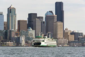 Transportation Prints: USA, Washington State, Puget Sound. Washington State ferry in Elliott Bay approaching