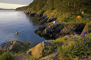 Images Dated 3rd May 2008: USA, Washington State, San Juan Islands. Man at kayak camp with another man paddling