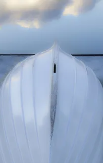 Bottom Prints: USA, Washington State, San Juan Islands, Friday Harbor. Upside down boat on dock