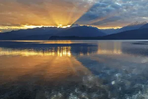Sun Ray Prints: USA, Washington State, Seabeck. Sunset over mountains and Hood Canal