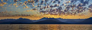 USA, Washington State, Seabeck. Panoramic of Hood Canal sunset