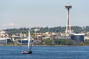 Elliott Bay Prints: USA, Washington State, Seattle. Sailboat tour on Puget Sound passing Space Needle