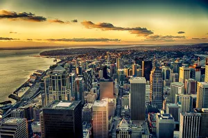 Downtown Prints: USA, Washington State, Seattle. Dusk on the Seattle skyline and Elliot Bay