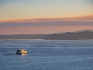 King County Prints: Usa, Washington State, Seattle, Washington State Ferry in Puget Sound at sunset