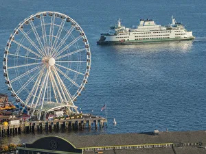Elliott Bay Prints: Usa, Washington State, Seattle, Great Wheel ferris wheel and Washington State Ferry