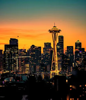 Richard Duval Prints: USA, Washington State, Seattle. Dawn on Seattle skyline from a park on Queen Anne Hill