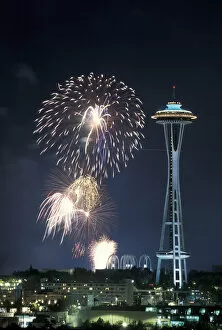 USA, Washington State, Seattle. Fireworks and Space Needle during July 4th celebration