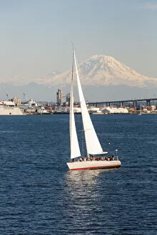 USA, Washington State, Seattle. Puget Sound, Mount Rainier and Port of Seattle