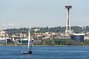USA, Washington State, Seattle. Sailboat tour on Puget Sound passing Space Needle