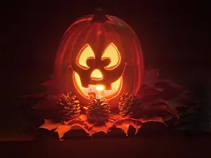 Halloween Prints: USA, Washington State. Smiling Jack O Lantern face on Pumpkin at Halloween