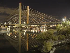 Pierce County Prints: Usa, Washington State, Tacoma. Cable-stayed SR 509 bridge over Thea Foss Waterway at dusk
