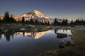 Images Dated 5th October 2017: USA, Washington State. Tarn in Spray Park reflects Mt