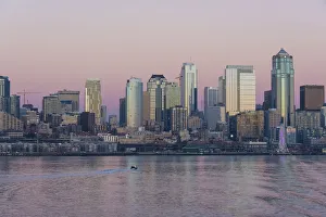 Elliott Bay Prints: USA, Washington State. Twilight light on Seattle skyline and Elliott Bay