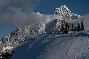 North Cascade Prints: USA, Washington State. Wind blown sastrugi and Mount Shuksan near Mount Baker Ski resort