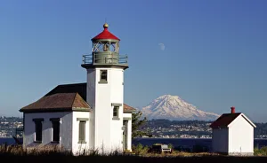 Safety Prints: USA, Washington, Vashon Island. Point Robinson lighthouse, built 1915, and Mt. Rainier