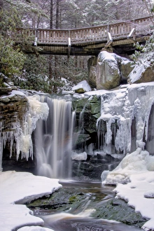 Images Dated 24th January 2015: USA, West Virginia, Blackwater Falls State Park. Bridge and partially frozen waterfall
