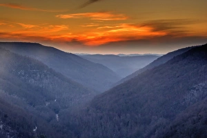 West Virginia Prints: USA, West Virginia, Blackwater Falls State Park. Brilliant winter sunset from Lindy Point
