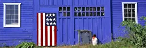 Wisconsin Prints: USA, Wisconsin, Kewaunee Co. A stylized American flag decorates a door on this blue