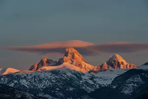 Weather Prints: USA, Wyoming. Alpenglow on Grand Teton and Table Mountain as seen from west