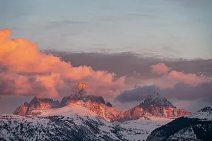 Teton Prints: USA, Wyoming. Alpenglow on Teton peaks from the west
