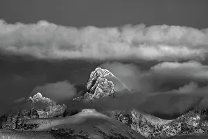 Teton Prints: USA, Wyoming. Black and white landscape of Teton Mountains from the west