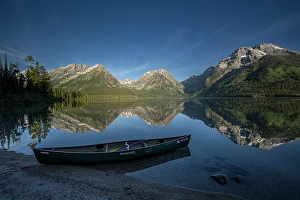 Lifestyle Prints: USA, Wyoming. Canoe and Mountains seen from Leigh Lake, Grand Teton National Park