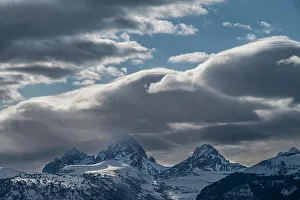 Teton Prints: USA, Wyoming. Clouds and fresh snow over Teton Mountains from the west
