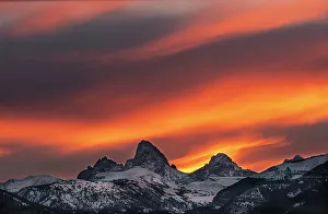 Teton Prints: USA, Wyoming. Colorful sunrise on Grand Teton from west side of Tetons