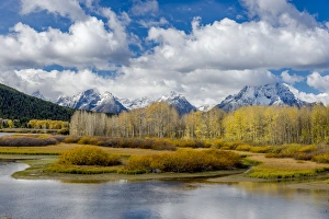 Images Dated 1st October 2014: USA, Wyoming, Grand Teton National Park. Landscape of water, forest, and mountains
