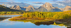 Images Dated 24th September 2013: USA, Wyoming, Grand Teton National Park. Panorama of sunrise on Snake River. Credit as