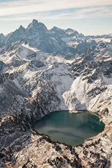 High Prints: USA, Wyoming, Grand Teton National Park. Aerial of high mountain lake and Teton Range