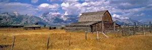 Tetons Prints: USA, Wyoming, Grand Teton NP. An old wooden barn is part of a homestead in Grand