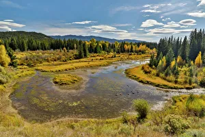 Highway 26 Prints: USA, Wyoming. Grand Tetons National Park bend in the Buffalo Fork River along Highway 26 with golden Fall Colors