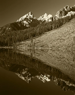 Snowcapped Prints: USA, Wyoming, Grande Teton National Park, Cathedral Group mountain reflecting in