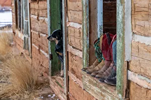 Log Cabin Prints: USA, Wyoming. Hideout Horse Ranch, boots on display. (PR)