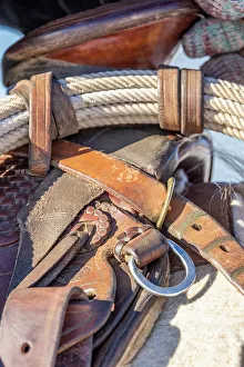 Rope Prints: USA, Wyoming. Hideout Horse Ranch, saddle detail. (PR)