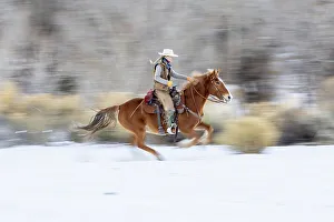 Images Dated 28th September 2022: USA, Wyoming. Hideout Horse Ranch, wrangler on horseback in snow. (MR, PR)