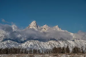 Grand Teton Prints: USA, Wyoming. Landscape of Low clouds in front of Grand Teton, Grand Teton National Park