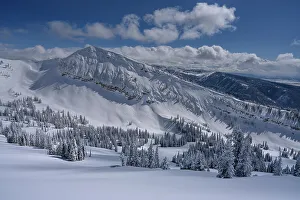 Drigg Prints: USA, Wyoming. Landscape of Peaked Mountain and Grand Targhee Resort with new snow