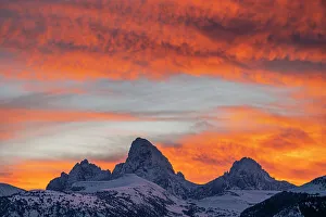 Teton Prints: USA, Wyoming. Mount Owen, Grand and Middle Teton from the west at sunrise