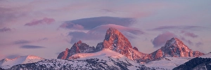 Grand Teton Prints: USA, Wyoming. Panoramic landscape of alpenglow over Teton Range from the west with cirrus cloud