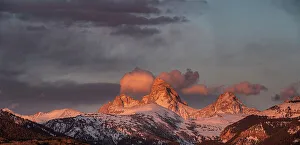 USA, Wyoming. Panoramic landscape of Teton peaks from west at sunset