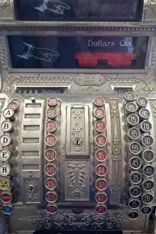 Money Prints: USA, Wyoming, South Pass City. Close-up of antique cash register