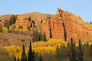 USA, Wyoming, Sublette County. Wyoming Range, colorful autumn aspens are surrounding USA, Wyoming, Sublette County. Wyoming Range, colorful autumn aspens are surrounding