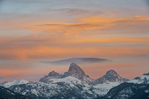 Grand Teton Prints: USA, Wyoming. Sunset over Teton Range from the west with cirrus and lenticular clouds