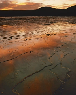 USA, Wyoming, Yellowstone National Park, Midway Geyser Basin, Algae Pools at sunset