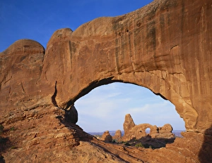 Utah, Arches National Park, Double Arch, Turret Arch, Sunlight on rock formations