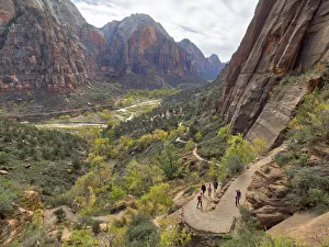 Images Dated 30th October 2017: Utah, Zion National Park, Zion Canyon, hikers descending Angels Landing trail