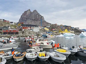 Uummannaq harbor and town, northwest of Greenland, located on an island in the Uummannaq