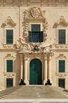Malta Prints: Valetta, Malta. Government building with ancient canons lined up in front of the entry